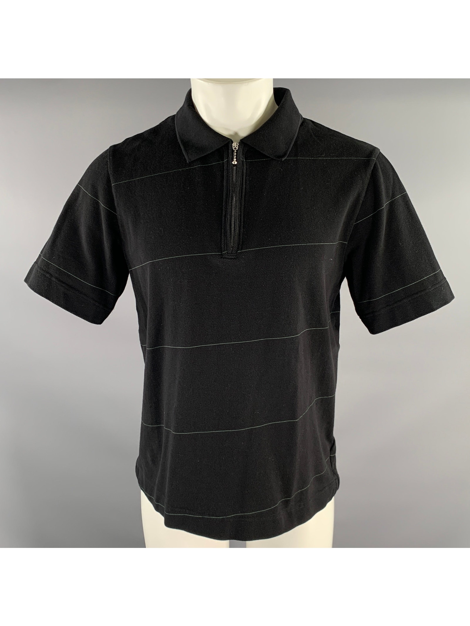 Burberry Size S Black Green Stripe Cotton Blend Zip Up Polo